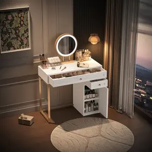 31.5'' Makeup Vanity Desk with Lighted Mirror Luxury Dressing Table with 2 Drawers and 1 Cabinet 3 Lighting Modes Available for Bedroom White-Gold