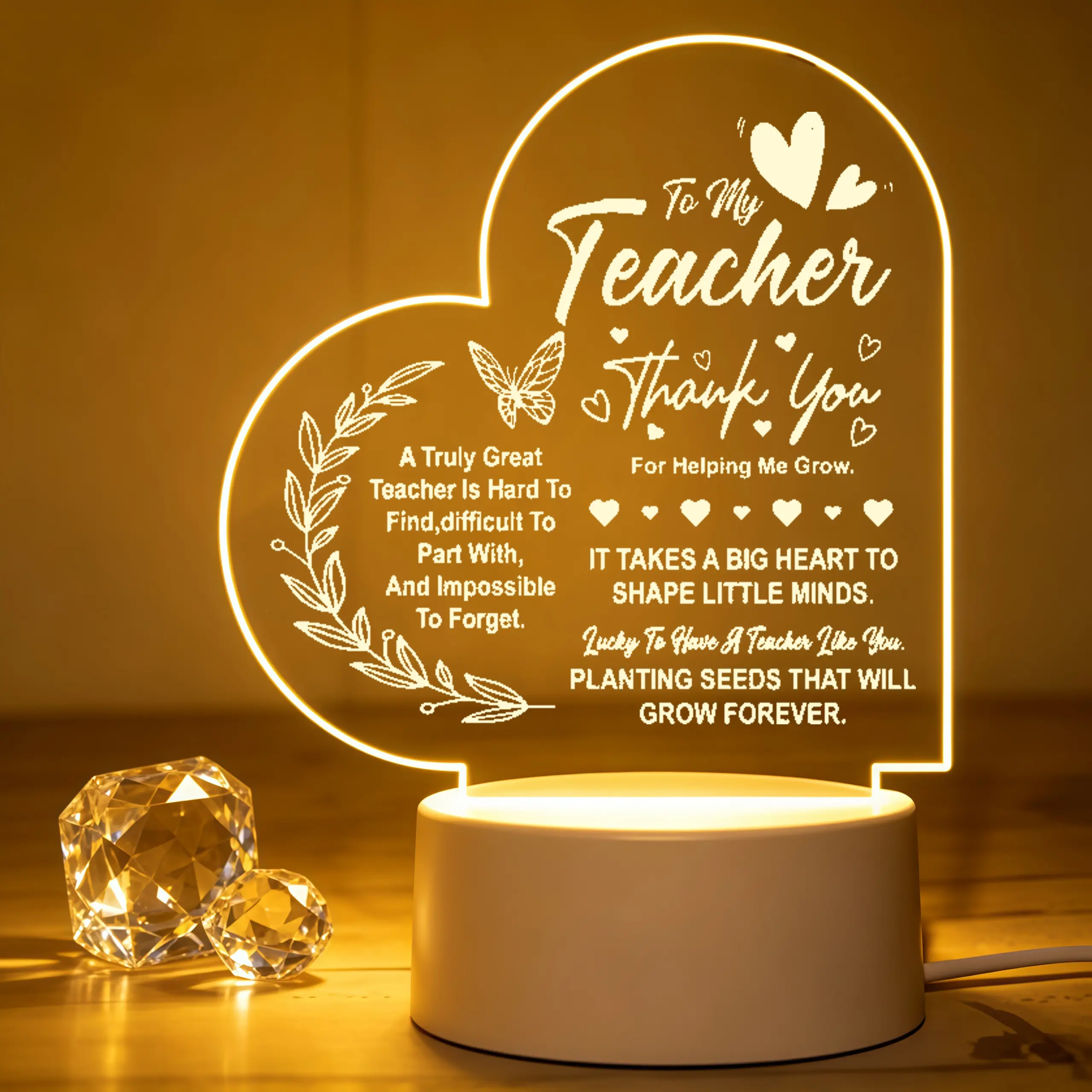 Heart Acrylic LED Night Light, Teacher Appreciation Gifts, Thank You Teacher Lamp, End of School Year Graduation Retirement Birthday Presents for Women Teachers, Teacher Appreciation Week Desk Decor Lamp