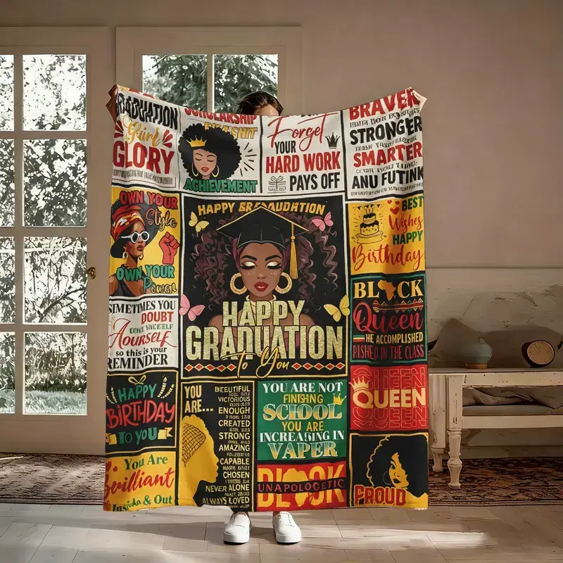 Black Queen Graduation Inspirational Blanket, 1 Count Soft Warm Flannel Throw Blanket, Cozy Nap Blanket for Graduation Gift