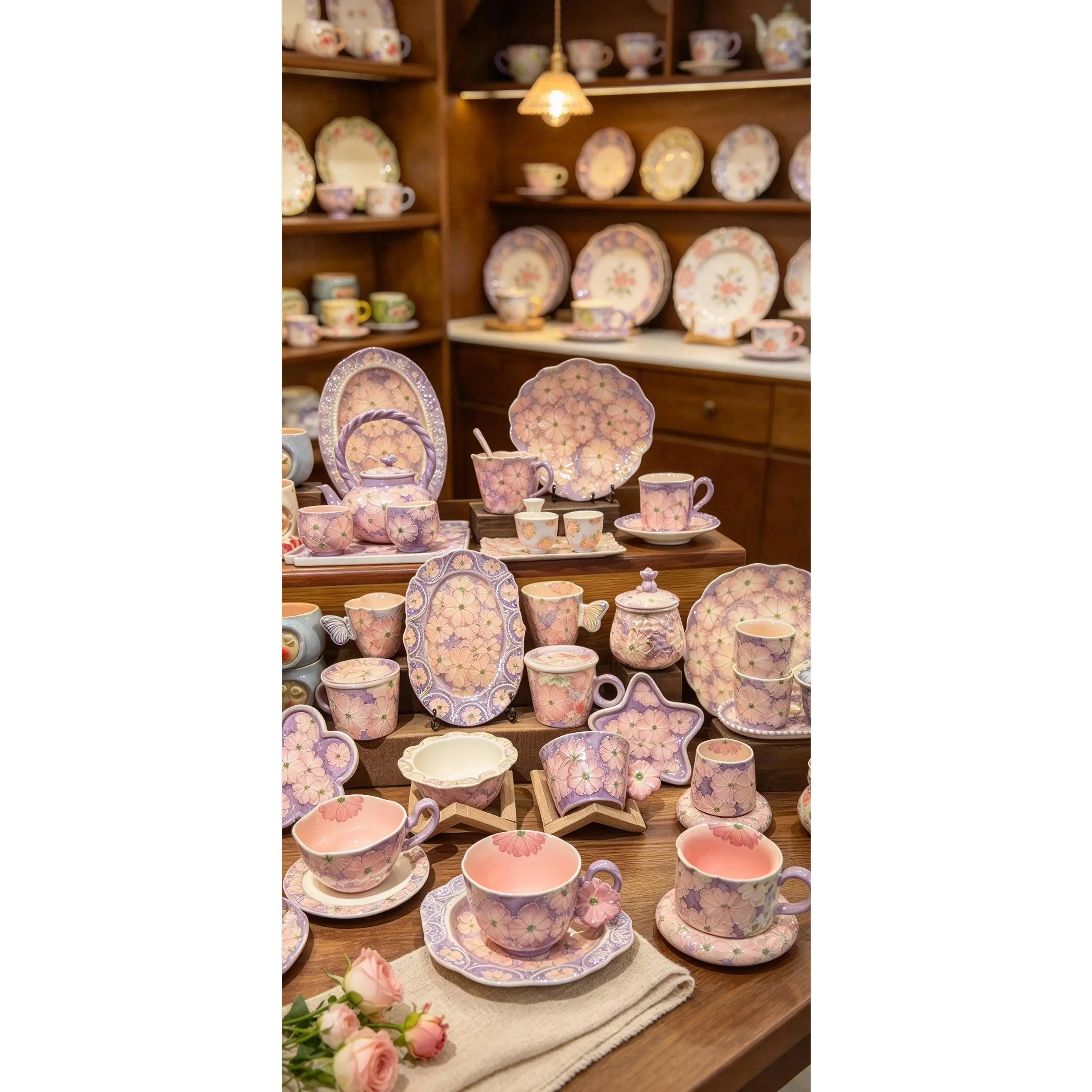 KilnAndInk Hand-Painted Pink Purple Floral Ceramic Tableware Artisan Handmade Tea & Dinnerware Collection for Elegant Dining