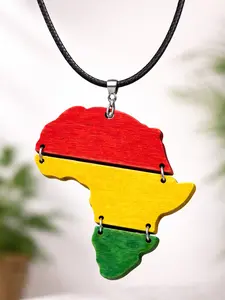 Africa Map Necklace Wood Pendant Afrocentric Necklace Adjustable 17-20” Rasta or Africa Flag Colors