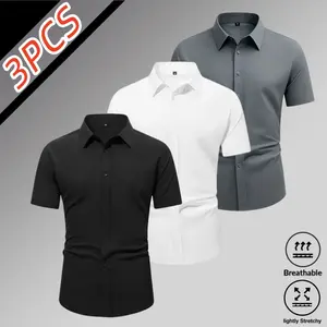 3-Pack Men’s Ice Silk High Stretch Short Sleeve Shirts, Summer Breathable Skin-Friendly Drapey Fabric, Turn-Down Collar Single-Breasted Design, Slim Fit Business Commuter Casual Versatile No-Iron Shirt