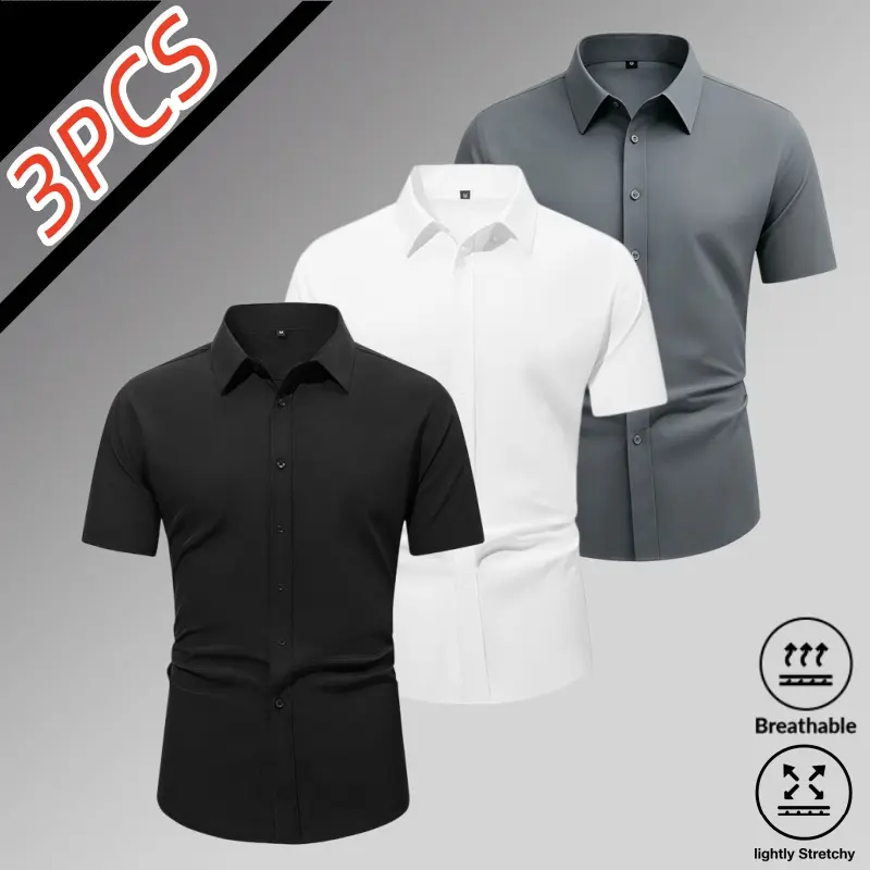 3-Pack Men’s Ice Silk High Stretch Short Sleeve Shirts, Summer Breathable Skin-Friendly Drapey Fabric, Turn-Down Collar Single-Breasted Design, Slim Fit Business Commuter Casual Versatile No-Iron Shirt sohochic