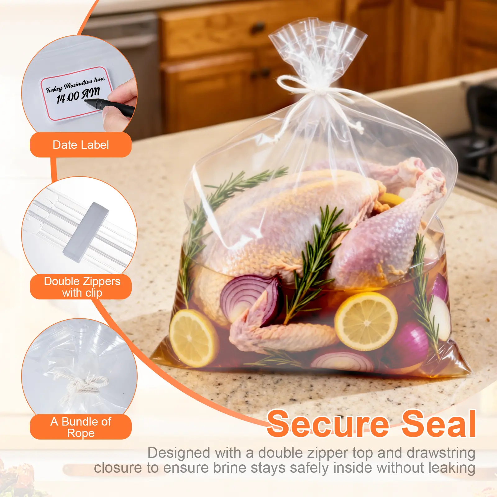 Food Preservation Bag Turkey Brine Bag, Extra Large 26"×22" Holds up to 35LB, Thickened Leakproof Double Zipper Brine Bags