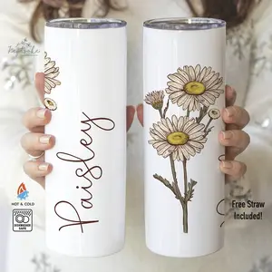 Personalized Birth Flower Skinny Tumbler W/ Name - Custom Colored Birth Flower Gift - Bridesmaid Proposal - Gift for Her - Birth Flower Gift