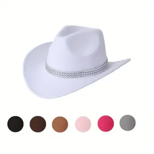 Unisex Felt Cowboy Hat With Rhinestone Band, Simple Wide Brim Fedora Hat For Party, Performance, And Festive Events Classic