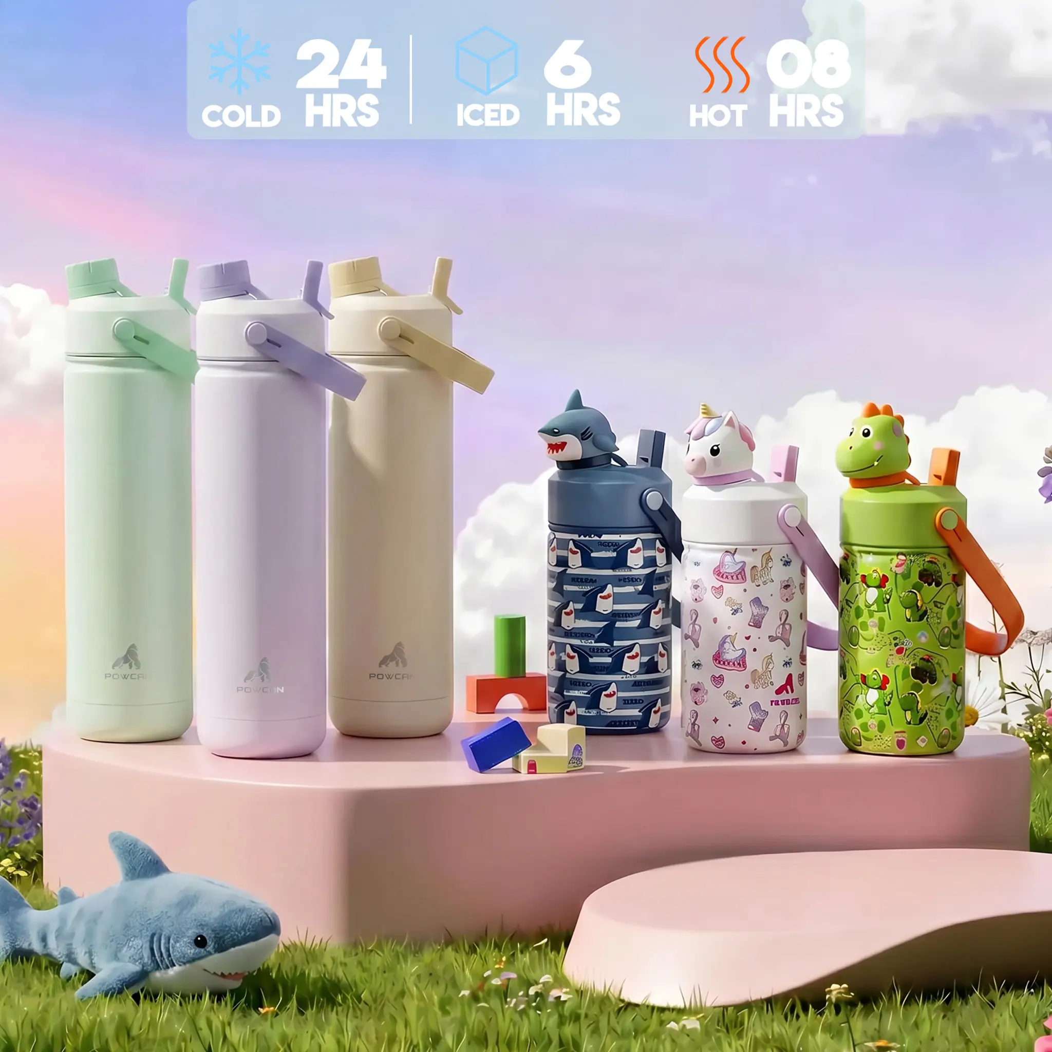POWCAN 18/8 Double Wall Stainless Steel Insulated Water Bottle - 12/18/40 oz (1000-2000 ml), 2-in-1 Straw & Spout Lid, 24h Cold Retention, Leakproof, BPA-Free, Portable, Leakproof Insulated Tumbler, for Sports, Travel, Lifetime Support, Father's Day Gift