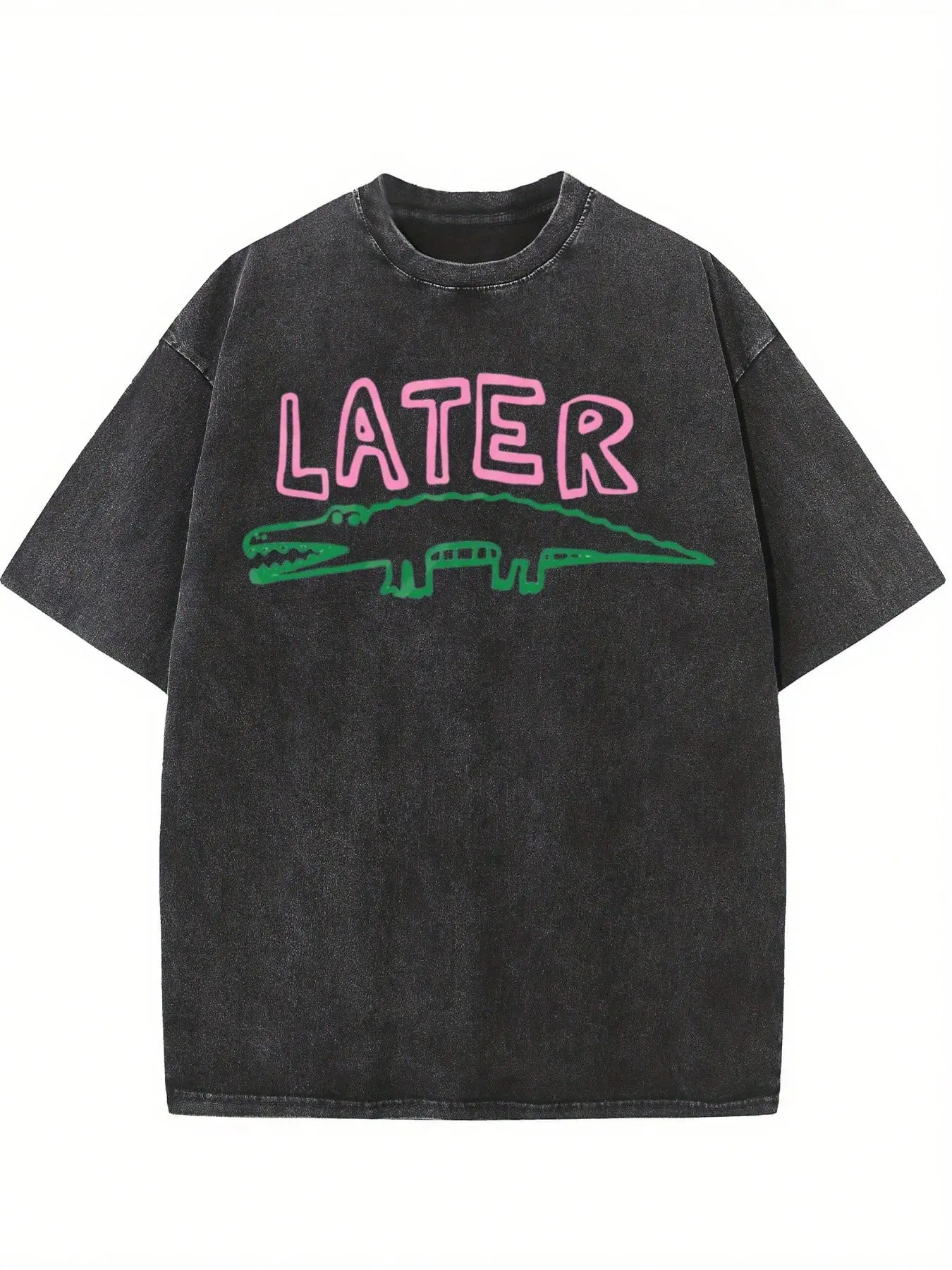 Vintage Later Alligator Funny Crocodile Sketch T-Shirt, Washed Black Cotton Oversized Short Sleeve Tee, Pink Green Outline Cartoon Casual Crewneck Shirt