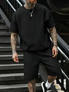 Men's Multi-Color Checkerboard Embroidered Two-Piece Set, Round Neck Short Sleeve T-Shirt + Elastic Waist Casual Shorts, Street Style