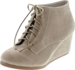 Women's High Top Lace Up Rounded Toe Platform Wedge Suede Booties