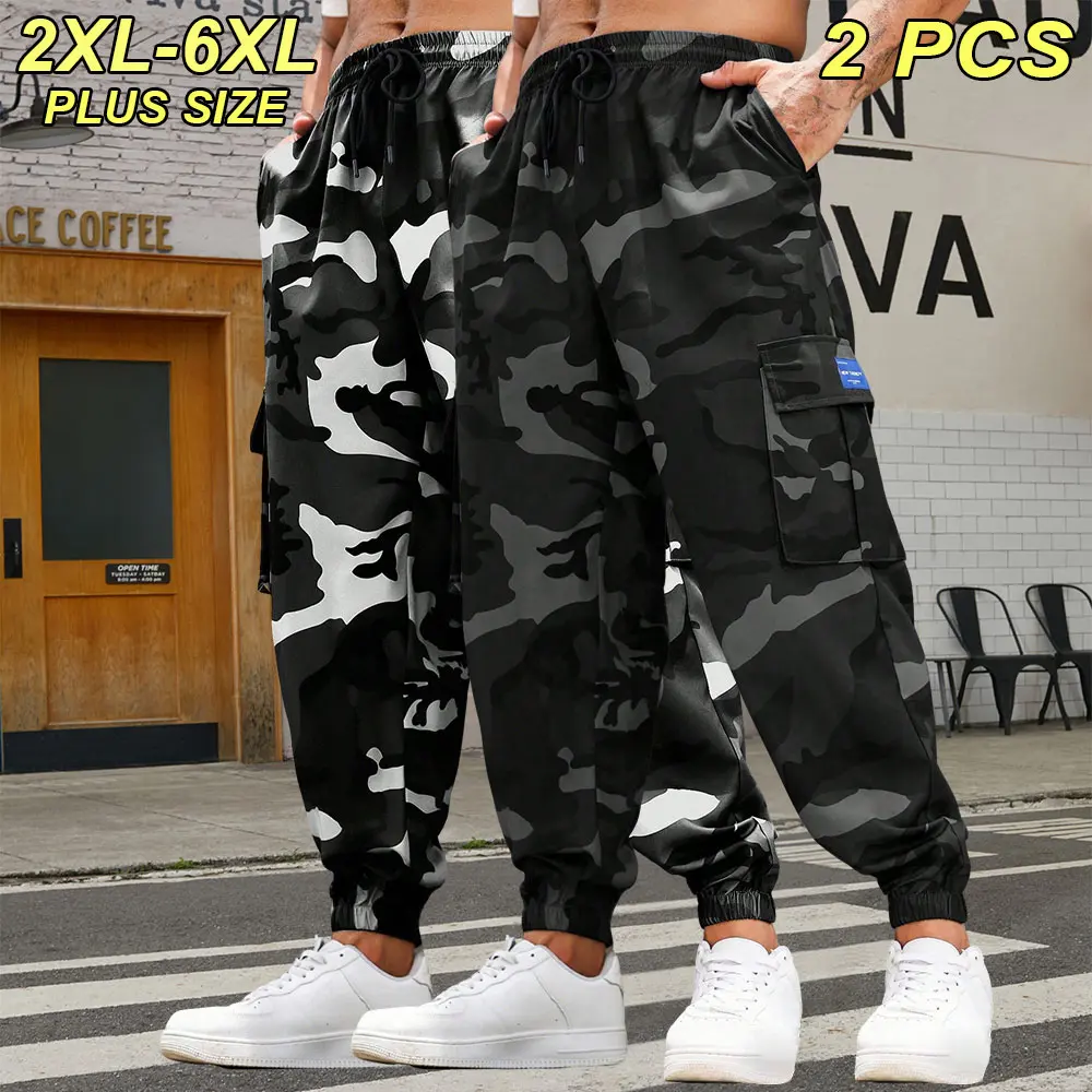 2XL–6XL Plus Size Men’s Camouflage Cargo Pants, Loose Jogger Style with Multiple Pockets, Adjustable Drawstring Elastic Waistband, Suitable for Daily Commuting, Home Lounging, and Outdoor Activities