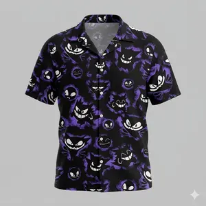 Purple Ghost Hawaiian Shirt, Dark Shadow Monsters Button Down, Tropical Anime Style Beach Wear, Black Summer Party Shirt for Men #Hawaiianshirt