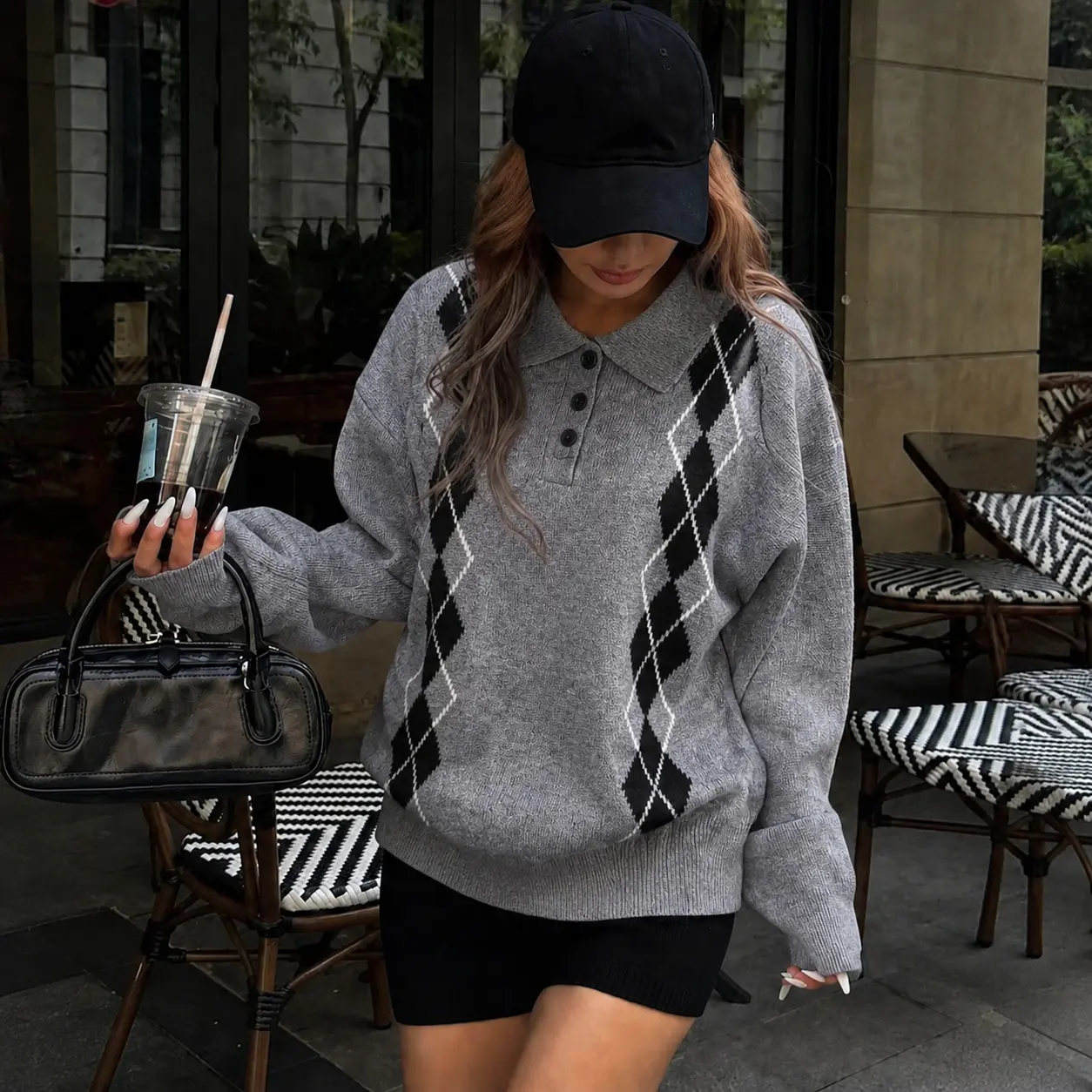 Womens Argyle Polo Sweater Pullover Cardigan Black Grey Size S M L XL 100% Polyester Soft Lightweight Breathable Preppy Regular Fit Casual Daily Wear Fall Winter Y2K Streetwear Knit Top Machine Washable