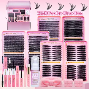 RITALASH 2240PCS, Diy Eyelash Extensions Set, Cat Lash D Curl Individual Eyelashes Black Cluster Lashes Kit With Lash Bond&Seal Lash Remover Tweezers Dual-Ended Brush Shampoo&Brush Headband Wristband For Daily Life & Dates