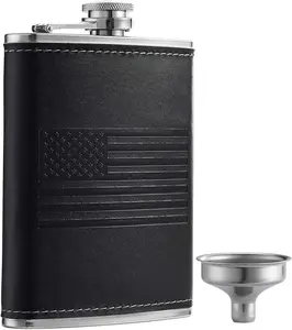Stainless Steel American Flag Flask, Soft Touch Cover Liquor Flasks 8oz | Leak Proof Black PU Leather Heavy Duty Hip Set, Includes Funnel