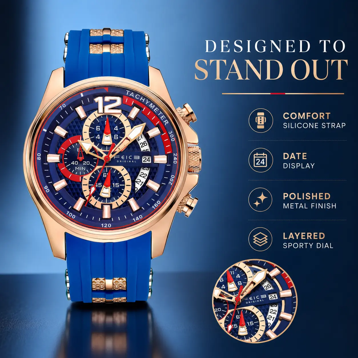 FEICE Men's Round Analog Quartz Watch, Sporty Casual Design with Klein Blue Racing Dashboard Face, Water-Resistant and Multifunctional with Tachymeter, Analog Quartz Watches, Casual Trendy Wristwatch, Male Watch