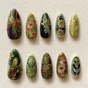 S218 Enchanted Garden Press-On Nails, 3D Vintage Florals & Bird Art, Deep Green & Gold Accents, Hand-Painted Look, Custom Nail Art, Solana Nails Town