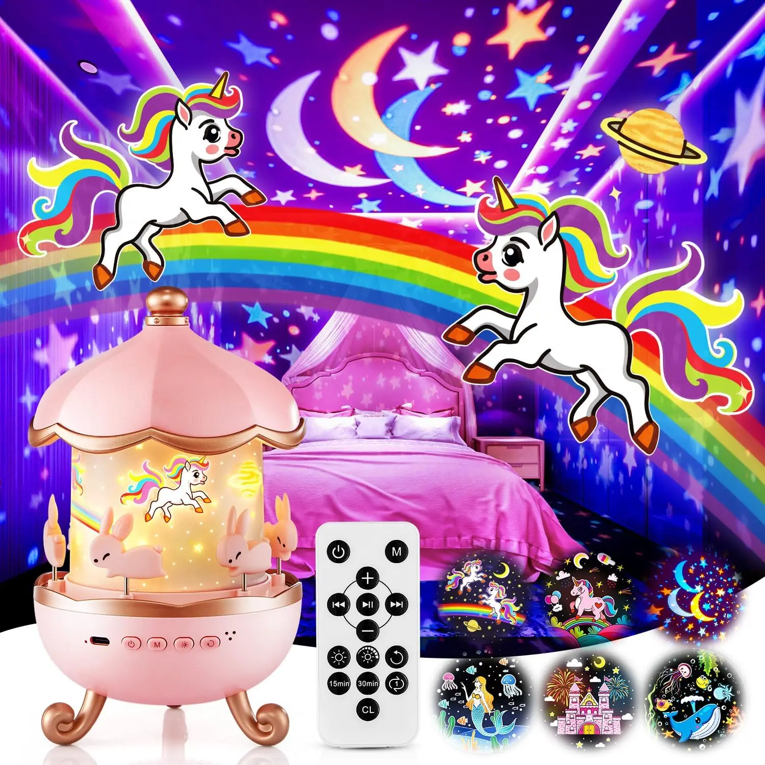 Unicorn Star Light Projector for Kids - 315 Light Modes, 15 Films (Firework, Ocean, Castle), 15-Sound Music Box, 360° Rotatable, Bluetooth, Remote Control, Girls' Room Decor, Birthday Gift for Ages 4-8, Decorating