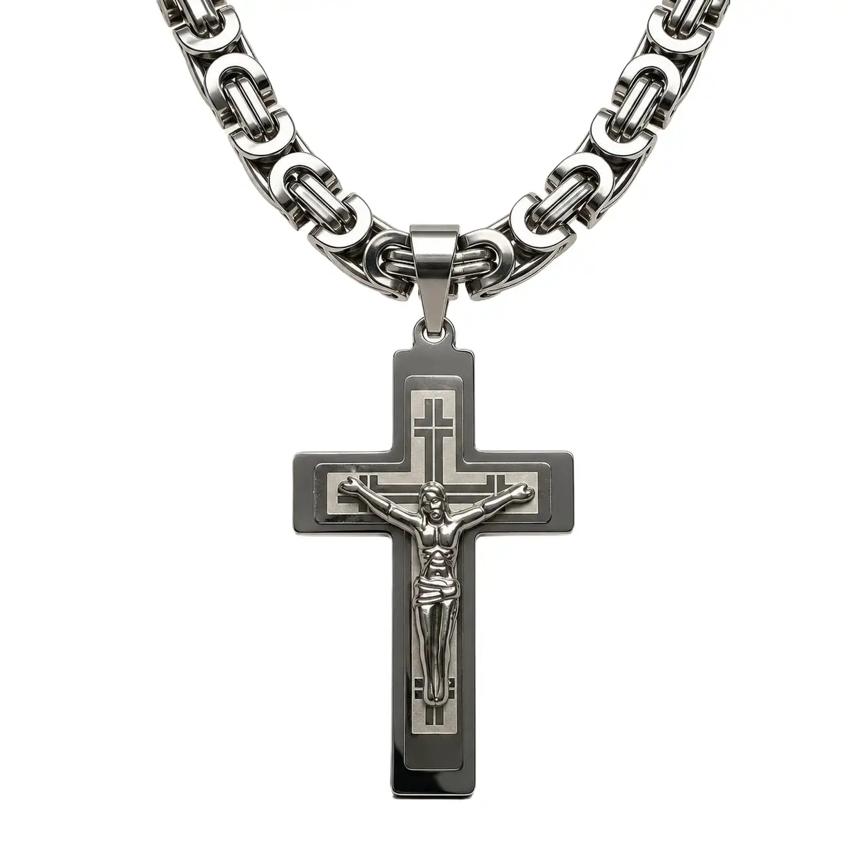 Men's Stainless Steel Jesus Crucifix Necklace with Byzantine Chain