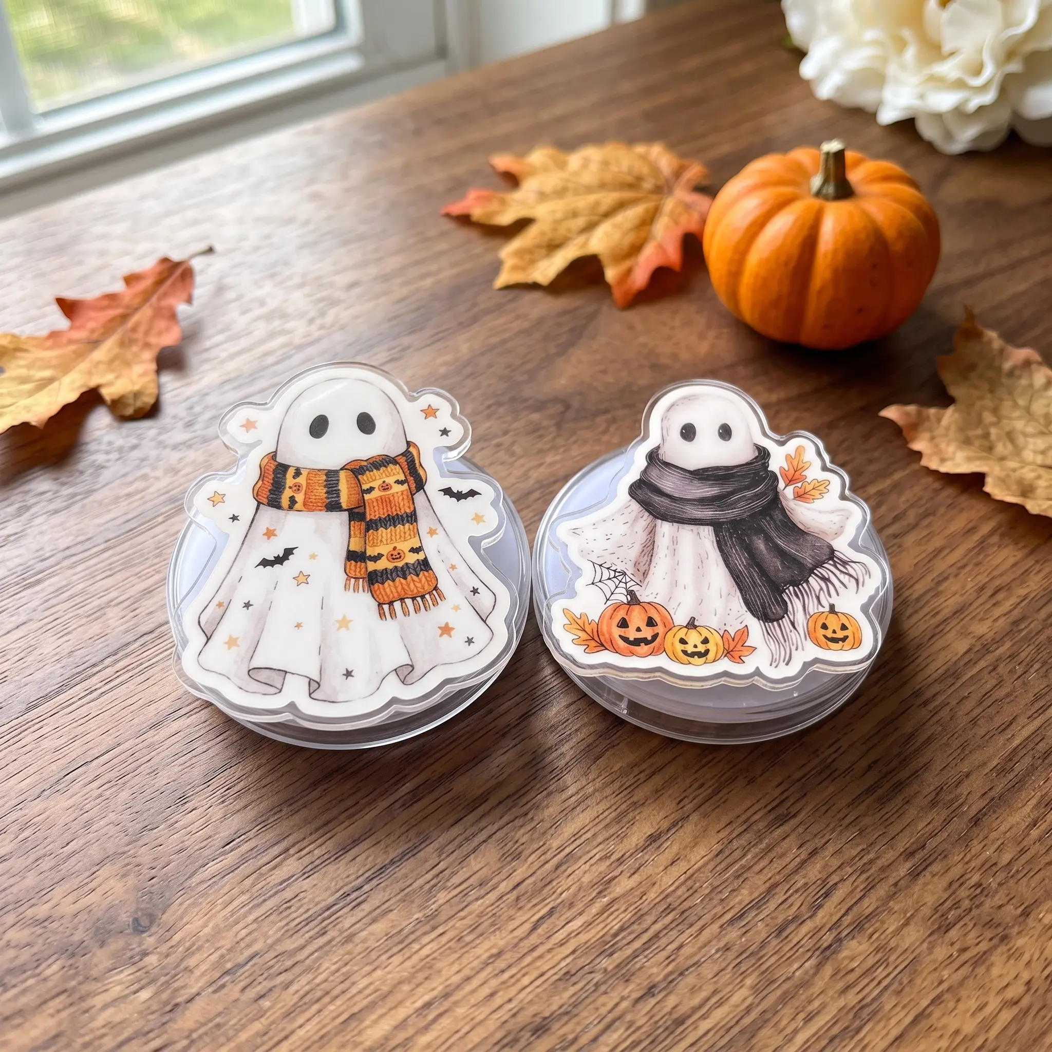 Cute Ghost Scarf Magnetic Phone Grip & Stand, Halloween Pumpkin Kindle Grip, Cozy Spooky Fall Phone Accessory, Ghost Lover Gift