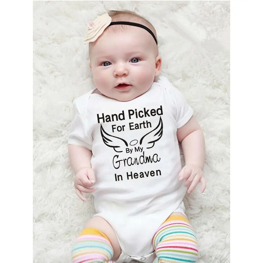 Boys' Cotton Baby Bodysuit Romper - Cute Fitted Summer Short-Sleeve Button Jumpsuit with "Hand Picked for Earth By My Grandpa/Grandma In Heaven" Print, Cozy, Snap Button, Diaper Changes, Snap Buttons