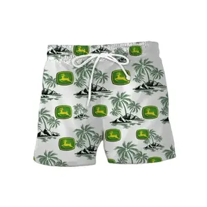 Vintage John Deere Tractor Tropical Fern Men's Hawaiian Short International Harvested Swim Trunks, Father's Day Aloha Gift for Him, Trendy Casual Breathable Surfing Beach Shorts Swimwear Menswear