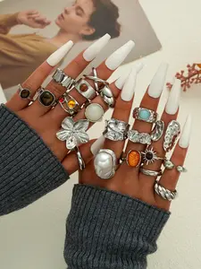 Boho Vintage Sunflower Tiger Eye Stone Faux Gem Open Design Women's Fashion Ring Set, Bohemian Stackable Rings, Statement Multi Ring, Wedding Party Dating Gift, Daily Wear