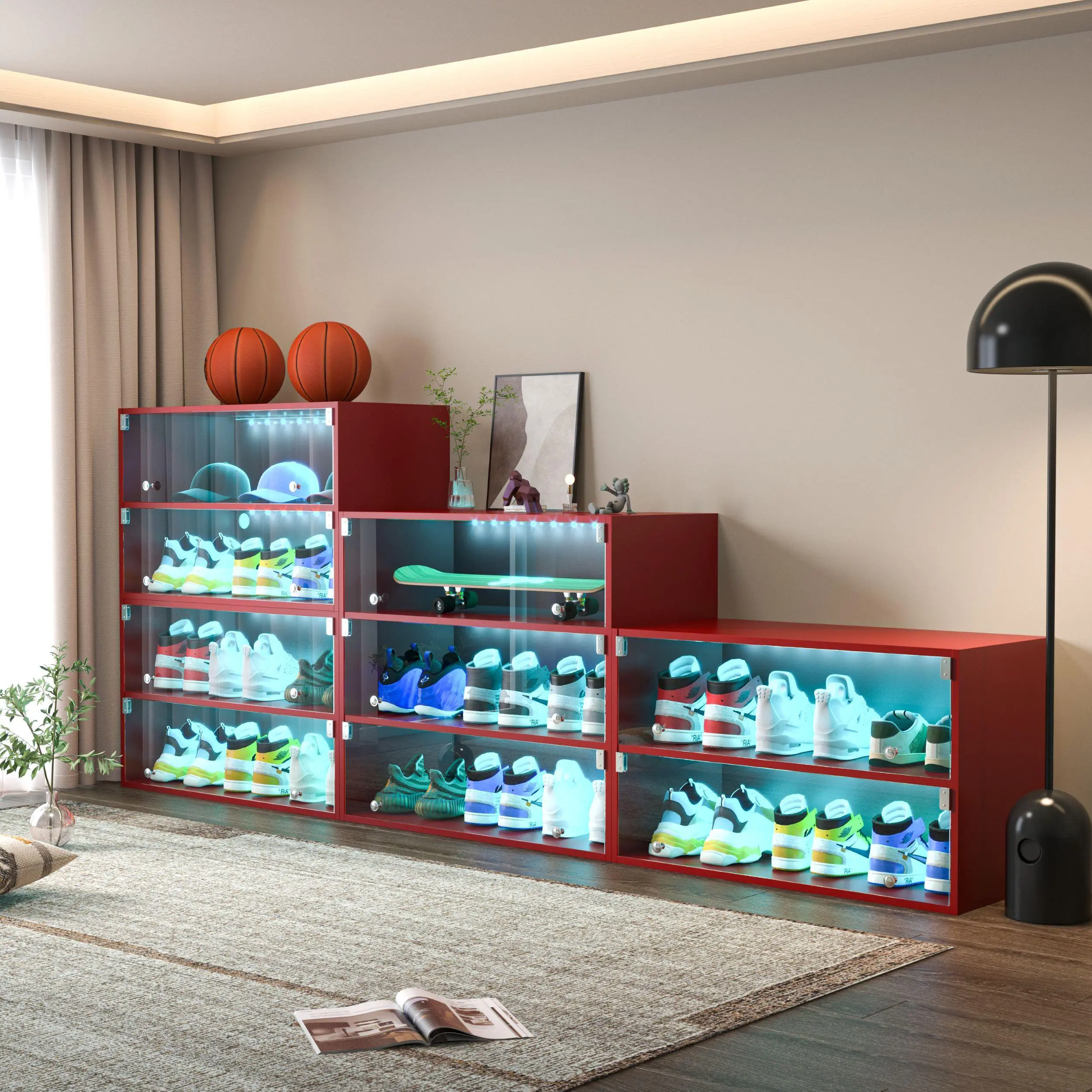 red LED light shoe box three layers with glass doors Organiser Racks