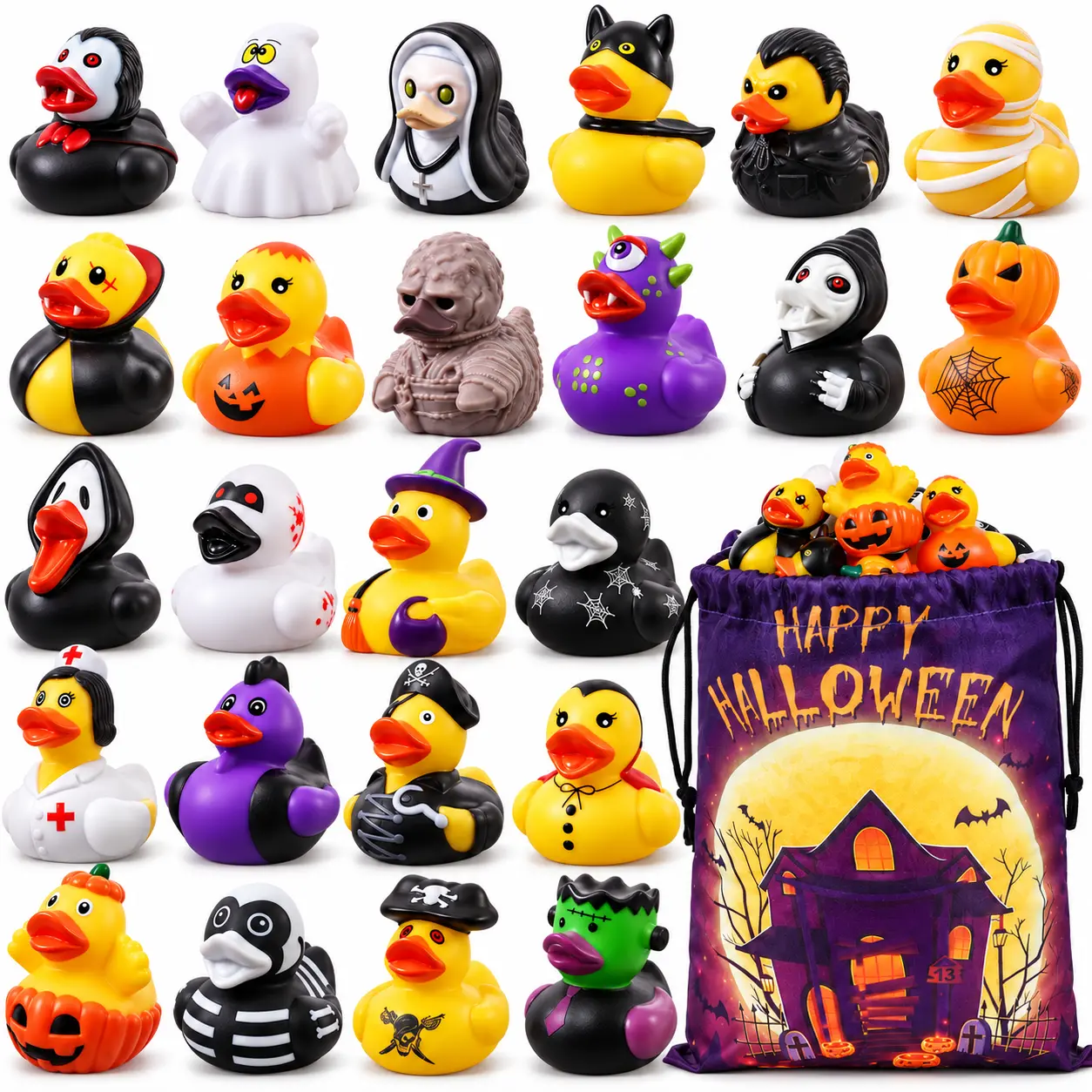 Spooky Halloween Thick Rubber Ducks 24-Bulk Pack - Unisex Baby Bath Toys with Unique Styles, Characters, Drawstring Bag, Upright Float (Floats Upright), Holiday Trick or Treat Goodie Bag Stuffers