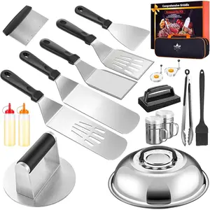 Griddle Accessories for  with Smashed Burger Press,19Pcs Griddle Accessories kit for Hibachi, Enlarged Grill Spatula, Salt and Pepper Shakers, Grill Black Tools Set