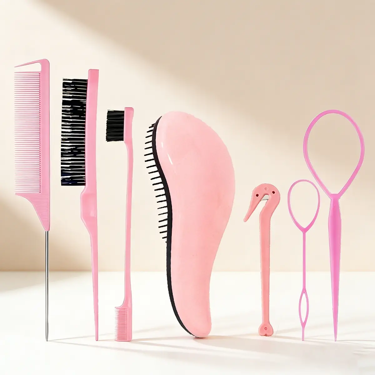 7pcs Hair Styling Tool Set, Scalp Massager Comb, Smooth Hair Brush, Braiding Bands, Elastic Remover, Edge Brush, Tail Comb, All Hair Types