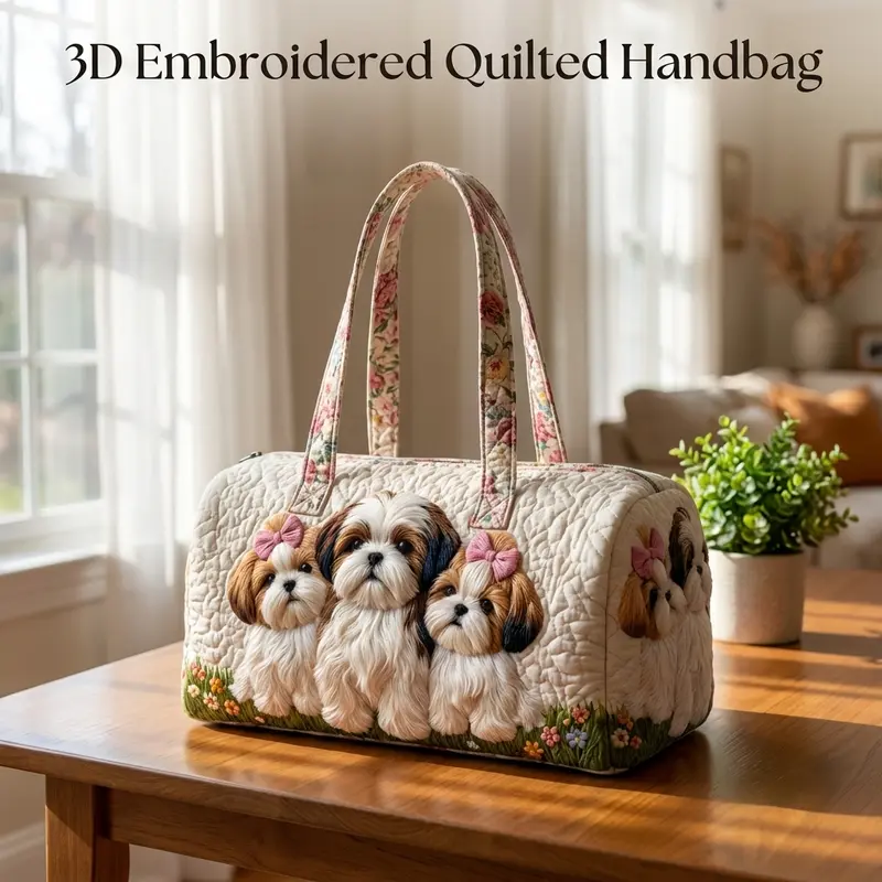 Women's Quilted Polyester Travel Duffel Bag - 3D Embroidered Shih Tzu Puppy, Floral Grassland Animal Print, Large Capacity, Soft Padded, Hand Carry Shoulder Bag with Zipper for Weekend Trip, Overnight Use