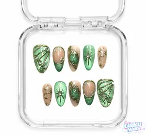 GakuNails FAE WING 10 PCS Medium Almond Handmade Press On 3D Flower Green Shimmer Butterfly Wings Cateye Builder Gel selectable size Reusable Nails