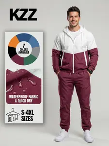 KZZ Men's Colorblock Drawstring Zip Up Hoodie & Joggers French Terry Set Casual Athletic Long Sleeve Hooded Jacket & Trousers for Fall Winter Men's Clothing for Daily Wear Summer Sportswear Indoor Outdoor Tracksuit SpringStatements