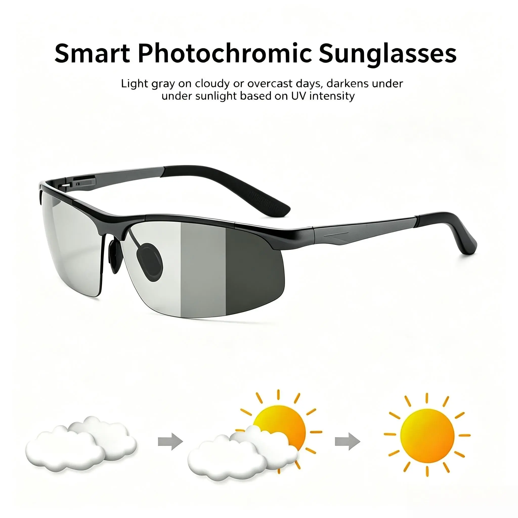 Paleshy Hotochromic Polarized Fashion Sports Sunglasses for Men - Metal Frame, Resin Lenses, UV Protection, Anti-Glare, Anti-Eyestrain, Day/Night Outdoor Sports Driving Eyewear with Spring Hinges, Outdoor Sports Glasses