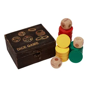 Left Right Roll Dice Game Set, 3 1-inch Wood Dice and 48 Thicker Chips in Wooden Storage Box, Portable Travel Dice Games for Family & Friends,Black