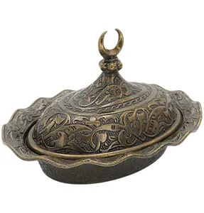 Turkish Tea Sugar Bowl | Ottoman Style Engraved | Mini Oval Covered Dish Bowl with Crescent - Bronze
