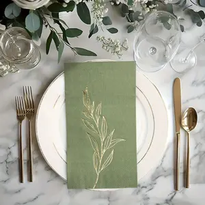 Green napkins, double-layered napkins, 5 packs, golden foil leaves, disposable cocktail-shaped napkins, suitable for parties, picnics and weddings