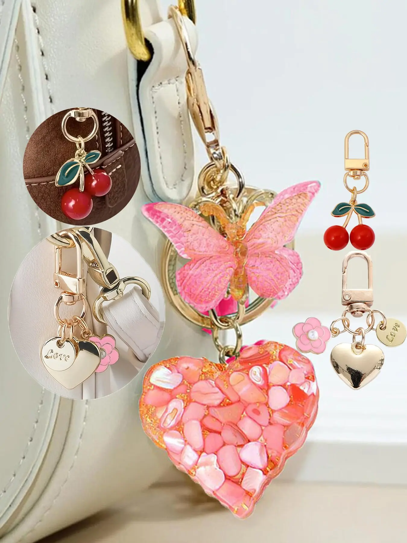 3-Piece Cute Sparkly Bag Charm Set, Butterfly Design & Heart Clasp with Adorable Cherry Keychain, Perfect Gift for Women, Stylish Handbag Decoration, Charms for Bags, Accessories for Bags, Bag Charms For Handbags, Charms For Purses