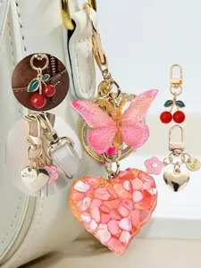 3-Piece Cute Sparkly Bag Charm Set, Butterfly Design & Heart Clasp with Adorable Cherry Keychain, Perfect Gift for Women, Stylish Handbag Decoration, Charms for Bags