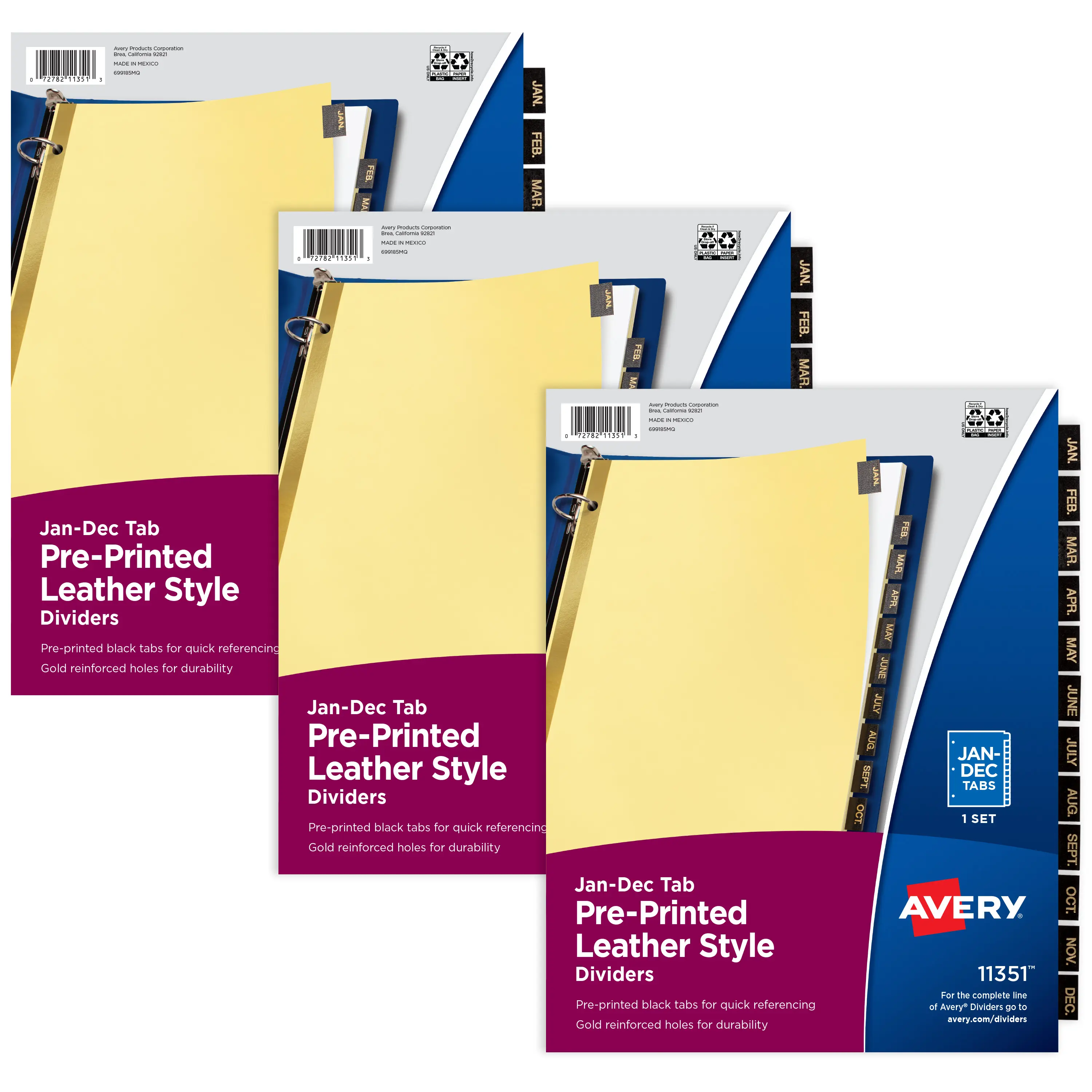 Avery Jan-Dec 3-Ring Binder Dividers, 12 Pre-Printed Black Leather Tabs per Set, Tear-Proof Office Accessories, Blends in with Black Binders, 3 Sets of 26180 (75 Pieces Total)