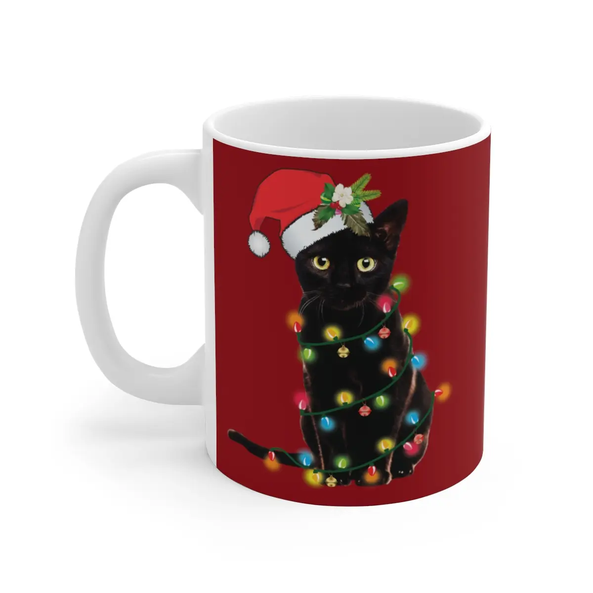 Black Santa Cat Tangled Up In Christmas Lights Coffee Mug 11oz Ceramic Classic Drinkware Tea