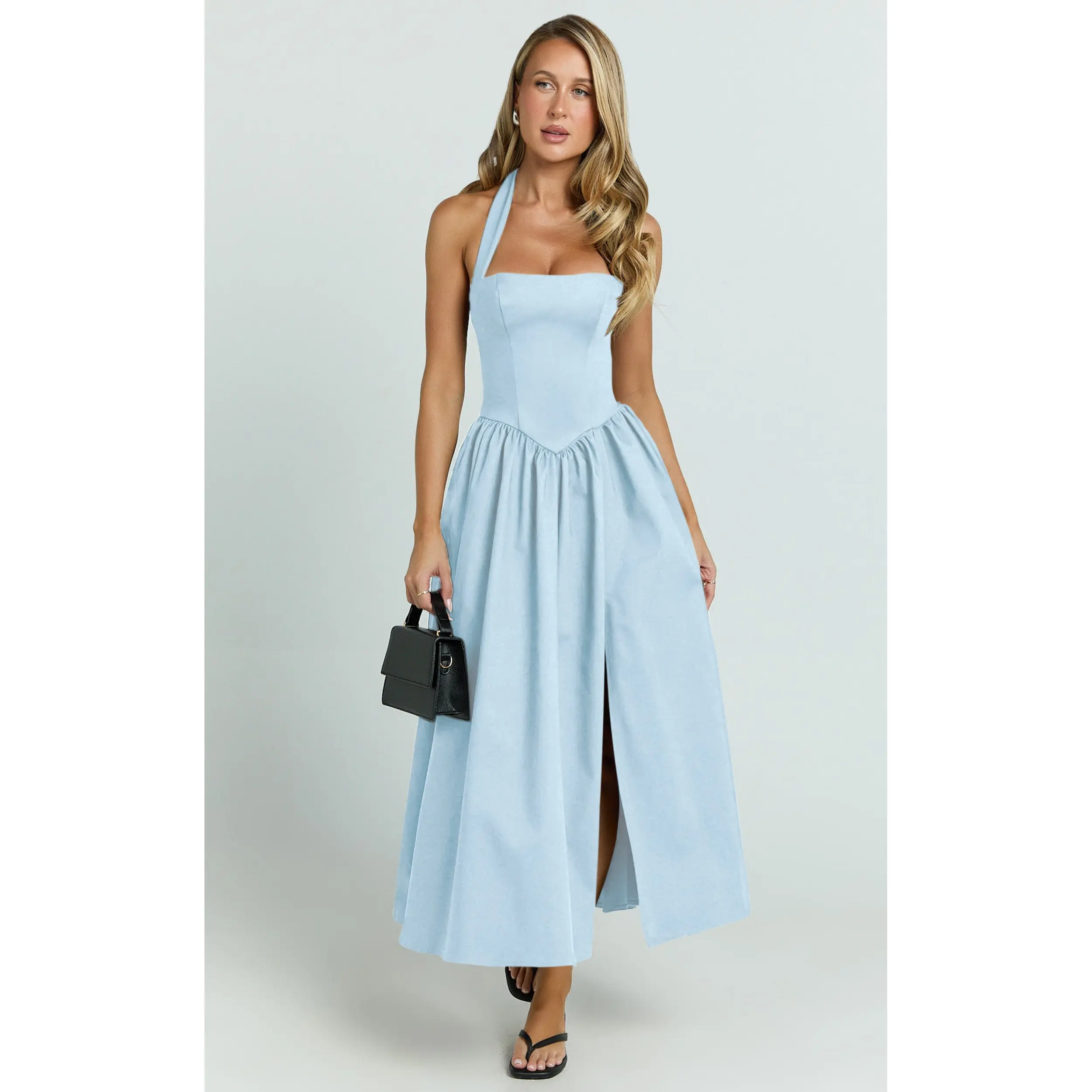 Helda Midi Dress - Halter Tie Neck Corset Panel Dress in Soft Blue