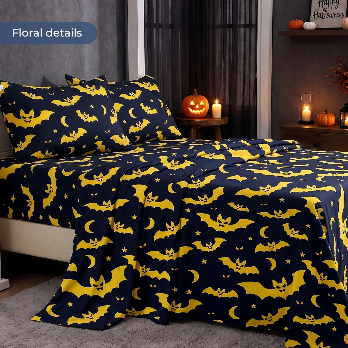 Halloween Sheet Set Queen - Black Cat Pumpkin Bedding 4 Piece, Soft [Material] Bed Sheets with Deep Pocket Fitted Sheet, 2 Pillowcases Flat Sheet, Spooky Cute Bedroom Decor for Women