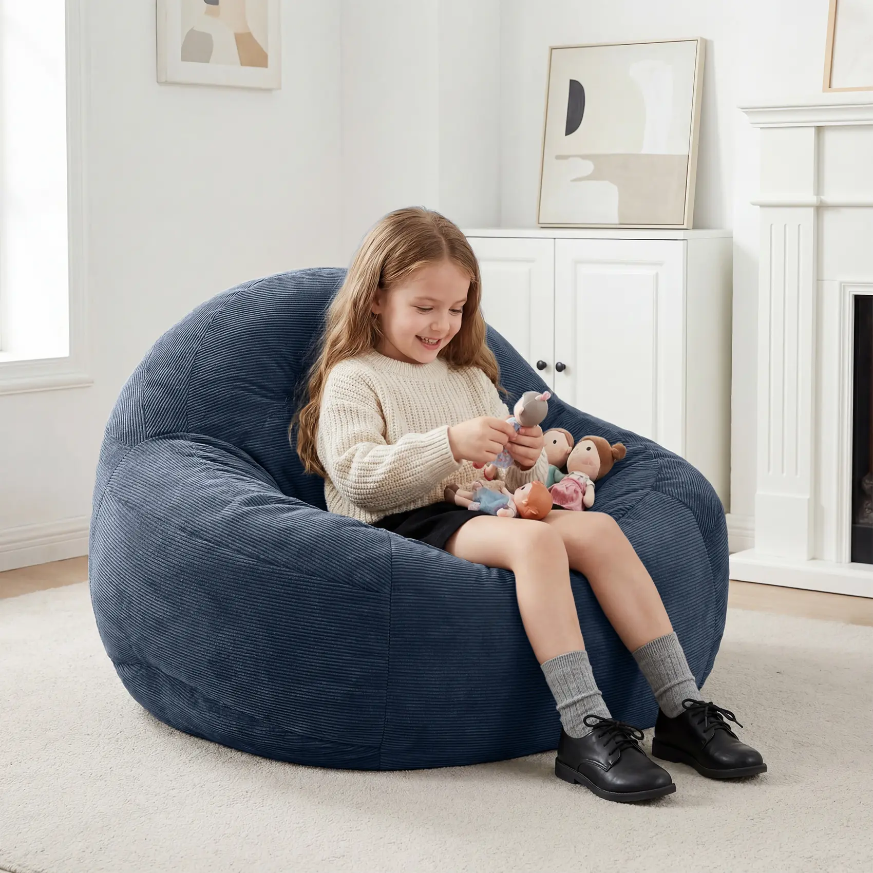 2.5FT Bean Bag Chair for Teens, Small High-Density Foam Bead Filled Comfy Beanbag, Soft Supportive Seating for Bedroom, Living Room (Blue, 33.5" D x 33" W x 24" H)