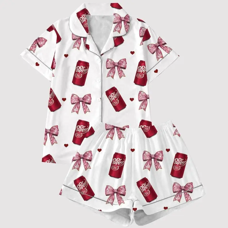 Soda Print Pajama Set Satin Sleepwear Bow Pattern Gift for Her