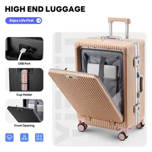 20in Aluminium Frame PC Hard Shell Spinner Wheels Luggage, Built-In TSA lock Carry on Suitcase, with Cup Holder, USB Port, Phone Holder uuh