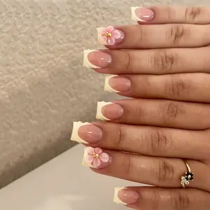 24pcs Short Square Press-On Nail Tips, French Manicure Flower Print with 3D Gold Beads Gel Stripes, Includes Jelly Glue and File, Flower Nails