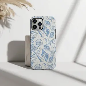 [ Compatible with magnetic and non-magnetic ] Blue & White Seashell Starfish Print Phone Case for iPhone 17 Pro Max / 16 Pro Max / 15 Pro Max / 14 Pro Max / 13 Pro Max / Galaxy S26 Ultra / S25 Ultra / S24 Ultra / S23 Ultra / S22 Ultra