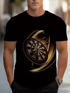 Men's Dart Pattern T-Shirt Round Neck, Regular Fit Short Sleeve Casual Sport Top, Geometric Design, Affordable, Ideal for Darts Lovers